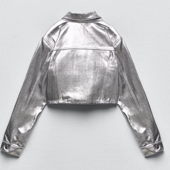 Zara SILVER CROPPED JACKET METALLIC - Picture 4 of 6